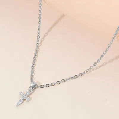 Fashnzfab Stainless Steel Mini Cz Stone Pave Cross Pendant Necklace In Multi