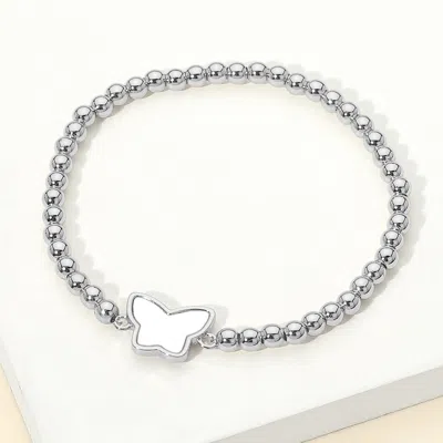 Fashnzfab Stainless Steel Mother Of Pearl Butterfly Charm Beaded Stretch Bracelet In Silver