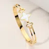 Fashnzfab Stainless Steel Mother Of Pearl Clover Pointed Hinged Bangle Bracelet Gold, Mother Of Pearl In Multi