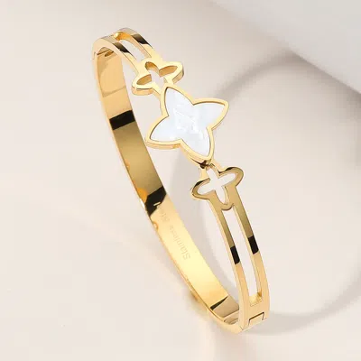 Fashnzfab Stainless Steel Mother Of Pearl Clover Pointed Hinged Bangle Bracelet Gold, Mother Of Pearl In Multi