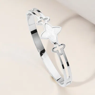 Fashnzfab Stainless Steel Mother Of Pearl Clover Pointed Hinged Bangle Bracelet Mother Of Pearl, Silver In Multi
