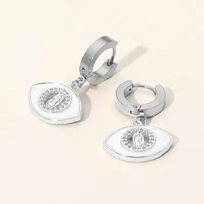 Fashnzfab Stainless Steel Mother Of Pearl Cz Stone Rim Virgin Mary Accent Evil Eye Charm Dangle Huggie Earring In Silver