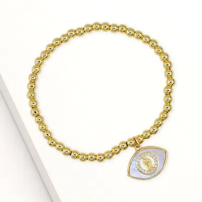 Fashnzfab Stainless Steel Mother Of Pearl Cz Stone Rim Virgin Mary Accent Evil Eye Charm Stretch Bracelet Gold In Multi