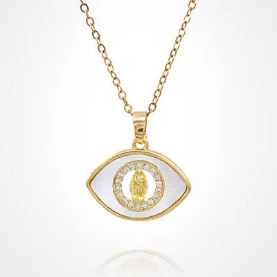 Fashnzfab Stainless Steel Mother Of Pearl Cz Stone Rim Virgin Mary Accent Evil Eye Pendant Necklace In Gold