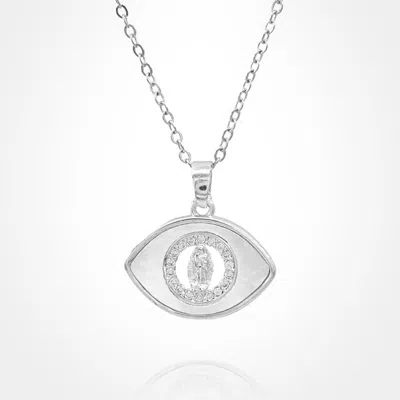 Fashnzfab Stainless Steel Mother Of Pearl Cz Stone Rim Virgin Mary Accent Evil Eye Pendant Necklace In Silver