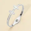 Fashnzfab Stainless Steel Mother Of Pearl Double Cross Tip Hinged Bangle Bracelet Mother Of Pearl, Silver In Multi