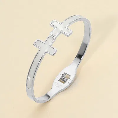 Fashnzfab Stainless Steel Mother Of Pearl Double Cross Tip Hinged Bangle Bracelet Mother Of Pearl, Silver In Multi