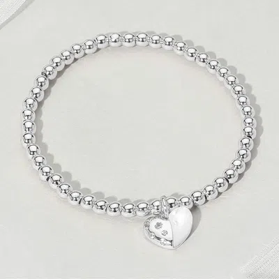 Fashnzfab Stainless Steel Mother Of Pearl Heart Charm Beaded Stretch Bracelet Silver