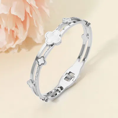 Fashnzfab Stainless Steel Mother Of Pearl Quatrefoil Cz Stone Split Hinged Bangle Bracelet In Burgundy