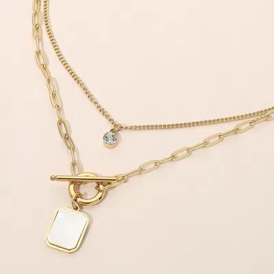 Fashnzfab Stainless Steel Mother Of Pearl Rectangular Frame Toggle Pendant Round Stone Accent Layered Necklace In Green
