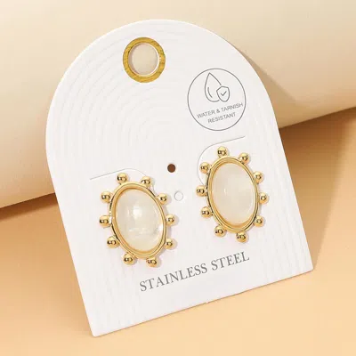Fashnzfab Stainless Steel Oval Beaded Frame Stud Earrings In Gold