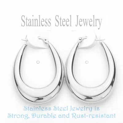 Fashnzfab Stainless Steel Oval Hoop Pin Catch Earrings - Rhodium In Metallic