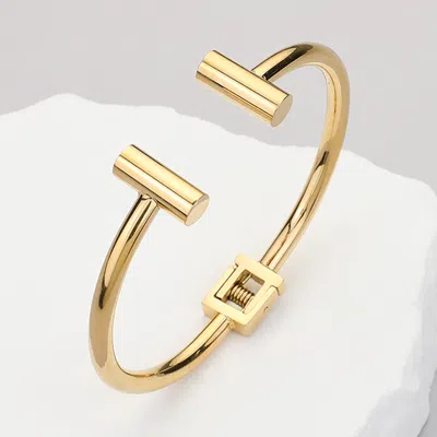Fashnzfab Stainless Steel Parallel Bar Tip Hinged Cuff Bracelet In Gold