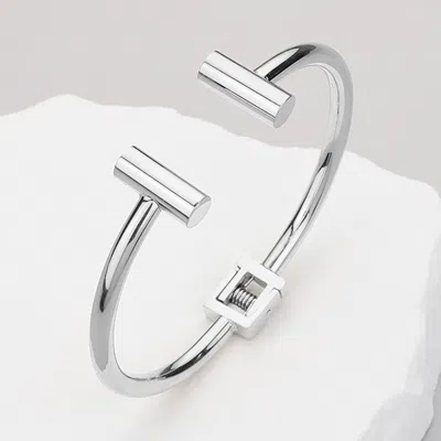 Fashnzfab Stainless Steel Parallel Bar Tip Hinged Cuff Bracelet In Silver