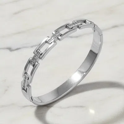 Fashnzfab Stainless Steel Pave Link Chain Hinged Bangle Bracelet In Silver