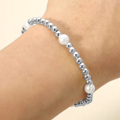 Fashnzfab Stainless Steel Pearl Accent Beaded Stretch Bracelet In Metallic