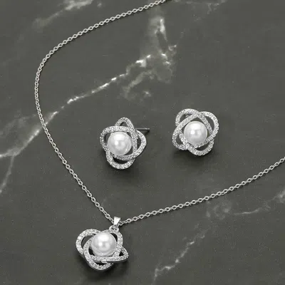 Fashnzfab Stainless Steel Pearl Accent Stone Pave Flower Pendant Necklace In Gold