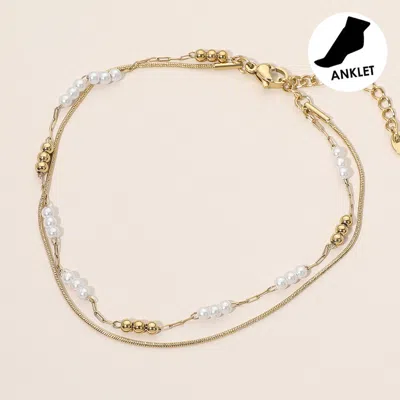 Fashnzfab Stainless Steel Pearl Ball Beaded Layered Chain Anklet In Gold