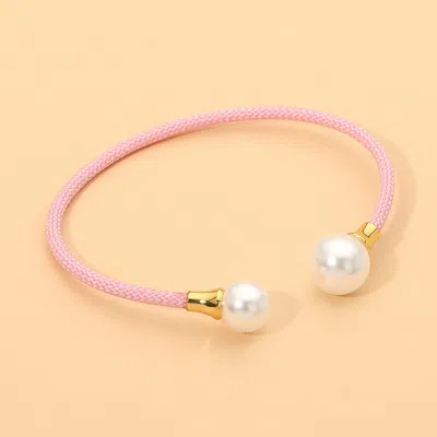 Fashnzfab Stainless Steel Pearl Tip Braided Cuff Bracelet In Beige