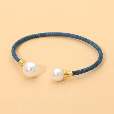 Fashnzfab Stainless Steel Pearl Tip Braided Cuff Bracelet In Blue