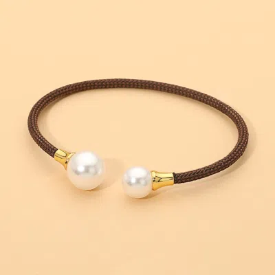 Fashnzfab Stainless Steel Pearl Tip Braided Cuff Bracelet In Brown