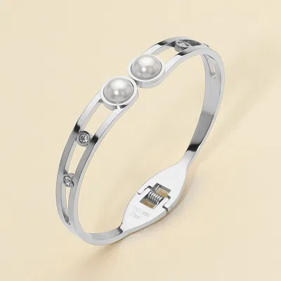 Fashnzfab Stainless Steel Pearl Tip Hinged Bangle Bracelet Silver