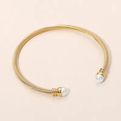 Fashnzfab Stainless Steel Pearl Tip Twisted Cuff Bracelet In Gold