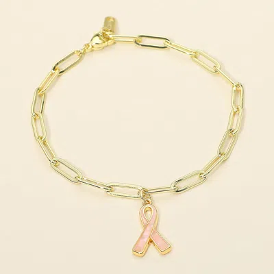 Fashnzfab Stainless Steel Pink Ribbon Charm Paperclip Link Bracelet In Gold