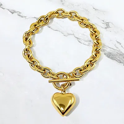 Fashnzfab Stainless Steel Puffy Heart Charm Toggle Bracelet Gold