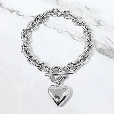 Fashnzfab Stainless Steel Puffy Heart Charm Toggle Bracelet Rhodium In Multi