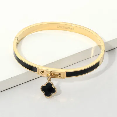 Fashnzfab Stainless Steel Quatrefoil Charm Enamel Inlay Hinged Bangle Bracelet In Multi