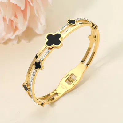Fashnzfab Stainless Steel Quatrefoil Cz Stone Split Hinged Bangle Bracelet In Silver