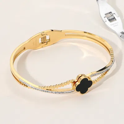 Fashnzfab Stainless Steel Quatrefoil Pointed Hinged Bangle Bracelet Black, Gold In Multi
