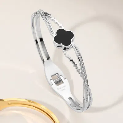 Fashnzfab Stainless Steel Quatrefoil Pointed Hinged Bangle Bracelet Black, Silver