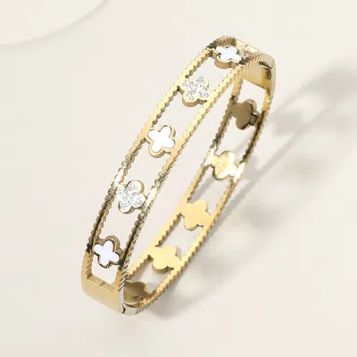 Fashnzfab Stainless Steel Quatrefoil Pointed Hinged Bangle Bracelet Gold