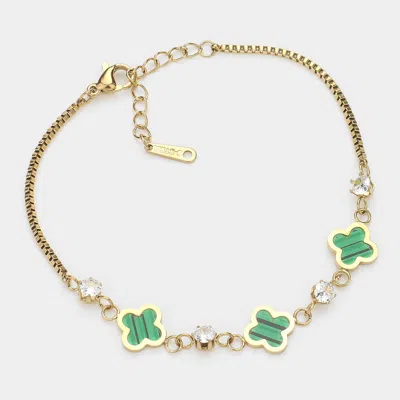 Fashnzfab Stainless Steel Quatrefoil Stone Bezel Station Bracelet Gold, Green In Multi