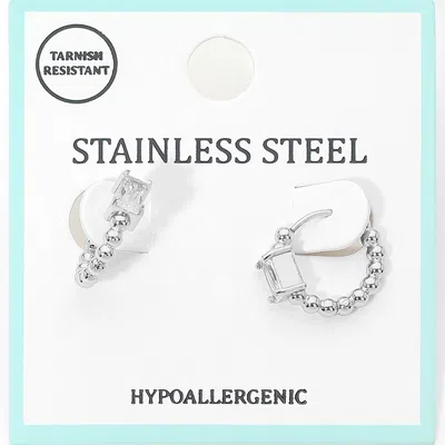 Fashnzfab Stainless Steel Rectangular Stone Accent Beaded Mini Huggie Hoop Earrings In Silver