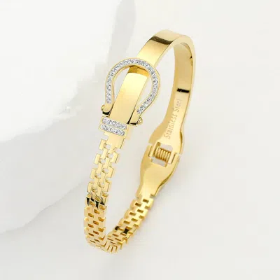 Fashnzfab Stainless Steel Rhinestone Embellished Belt Buckle Hinged Bangle Bracelet In Gold