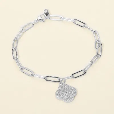 Fashnzfab Stainless Steel Rhinestone Pave Quatrefoil Charm Paperclip Chain Link Bracelet In Silver