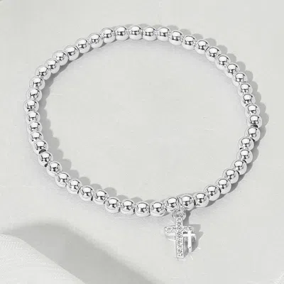 Fashnzfab Stainless Steel Rhinestone Paved Double Cross Charm Beaded Stretch Bracelet Silver In Metallic