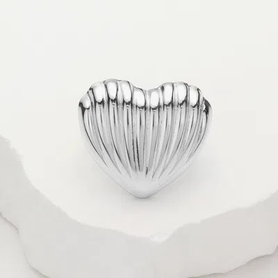 Fashnzfab Stainless Steel Ribbed Heart Adjustable Ring In Silver