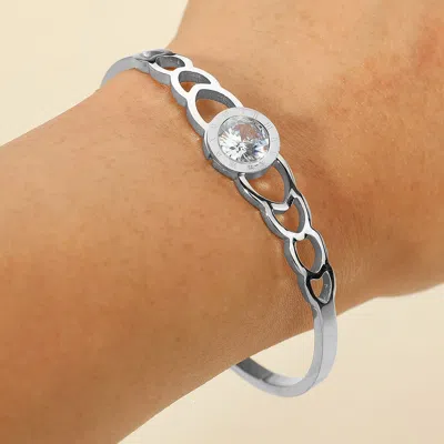 Fashnzfab Stainless Steel Roman Numeral Stone Bezel Accent Hinged Bangle Bracelet Silver In Metallic