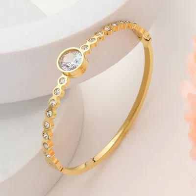 Fashnzfab Stainless Steel Round Cz Stone Bezel Pointed Around Hinged Bangle Bracelet Gold