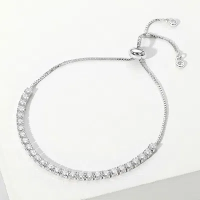 Fashnzfab Stainless Steel Round Cz Stone Tennis Chain Pull Tie Adjustable Bracelet In Metallic