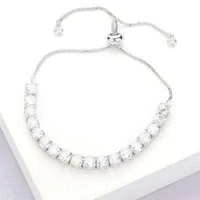 Fashnzfab Stainless Steel Round Cz Stone Tennis Chain Pull Tie Adjustable Bracelet In Silver