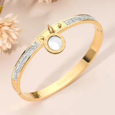 Fashnzfab Stainless Steel Round Mother Of Pearl Charm Accent Cz Stone Paved Hinged Bangle Bracelet - Gold