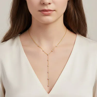 Fashnzfab Stainless Steel Round Stone Bezel Station Y Lariat Necklace In Gold