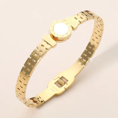 Fashnzfab Stainless Steel Round Stone Center Roman Dial Accent Hinged Bangle Bracelet In Purple