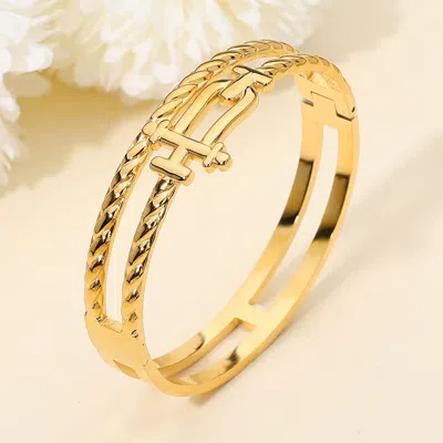 Fashnzfab Stainless Steel Sculptural Interlock Accent Double Row Hinged Bangle Bracelet - Gold