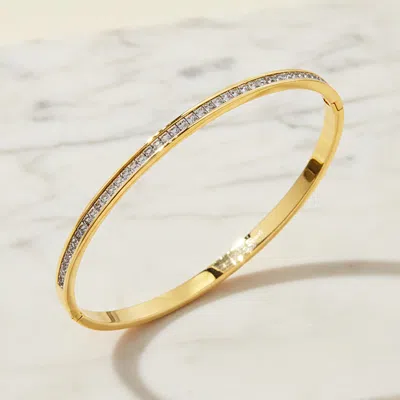 Fashnzfab Stainless Steel Slim Cz Accent Hinged Bangle Bracelet In Gold